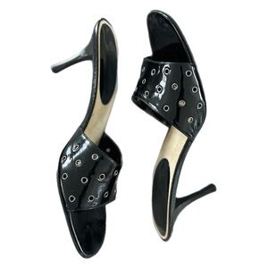 Calvin Klein “Percy” Black Patent Grommet Kitten Heel Sandals – 8.5